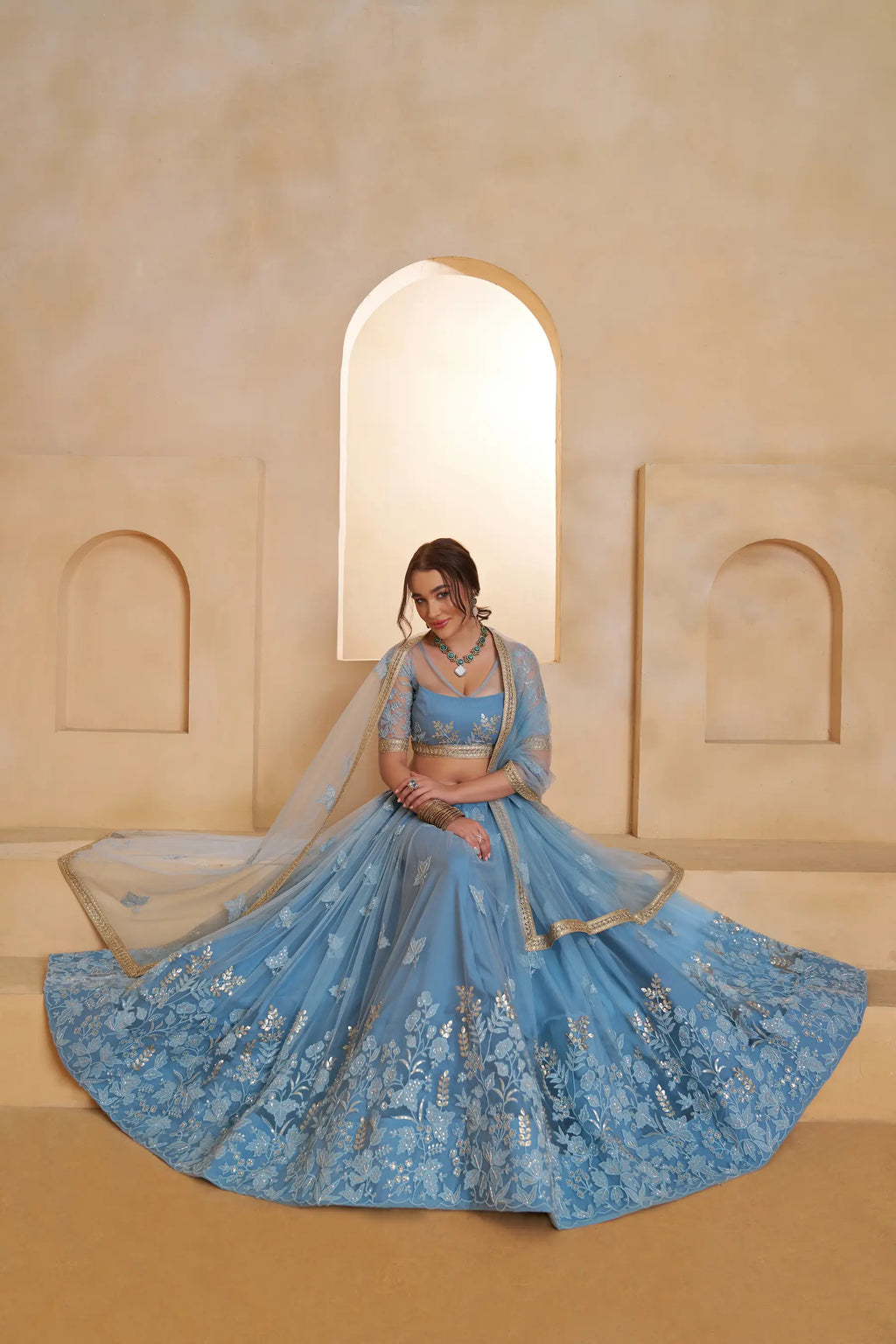 Blue Beads Sequins Embroidered Net Lehenga Choli