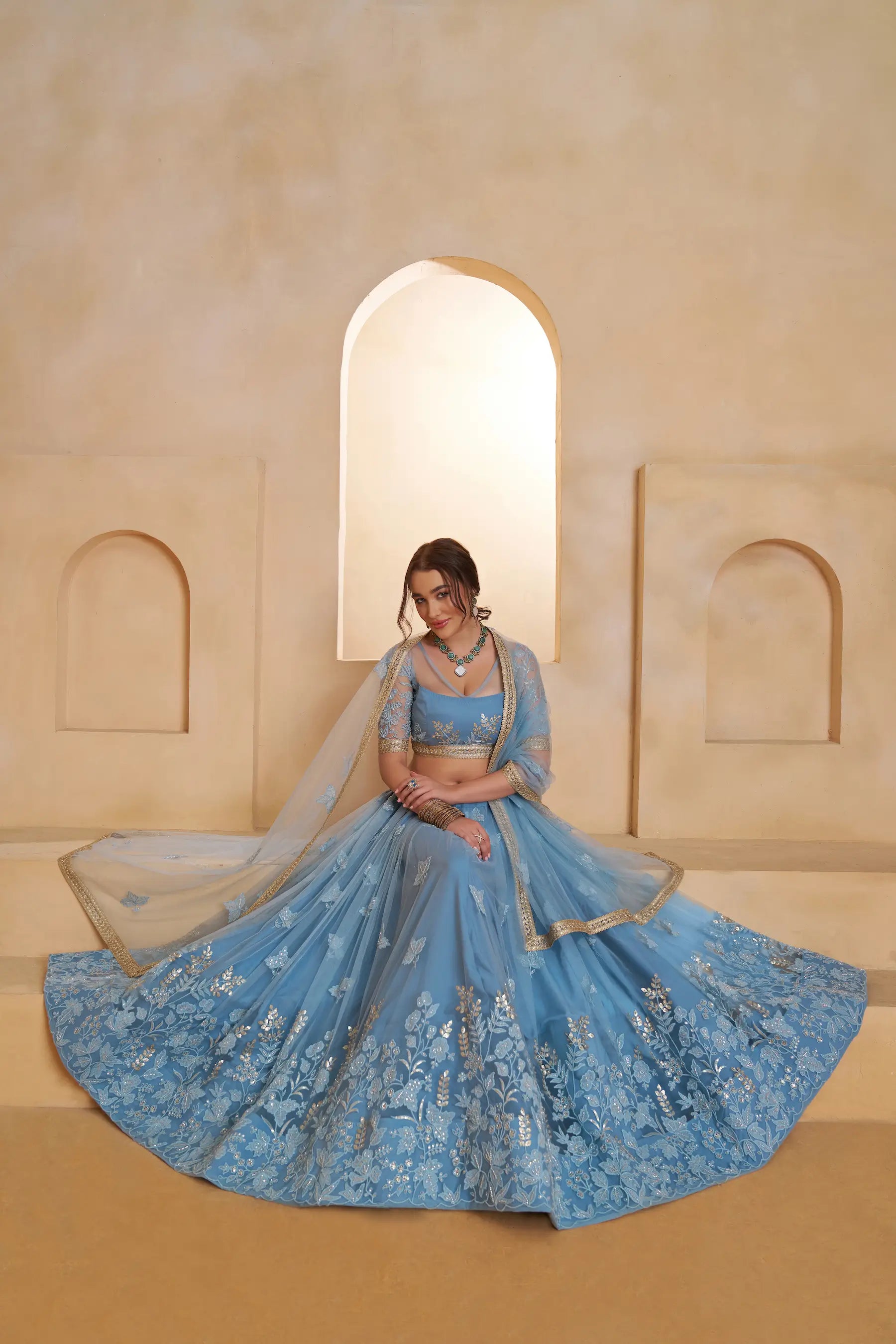 Blue Beads Sequins Embroidered Net Lehenga Choli