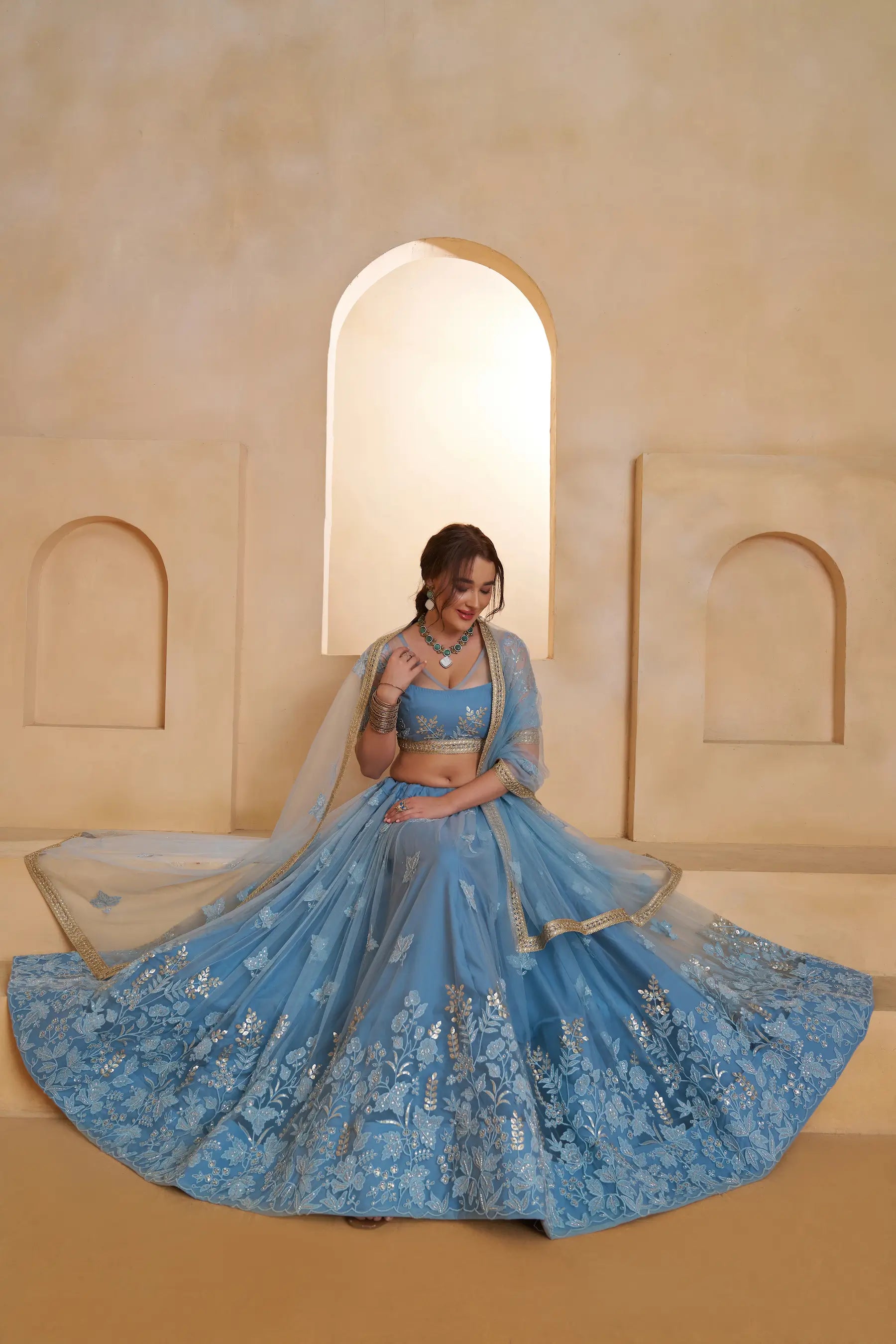 Blue Beads Sequins Embroidered Net Lehenga Choli