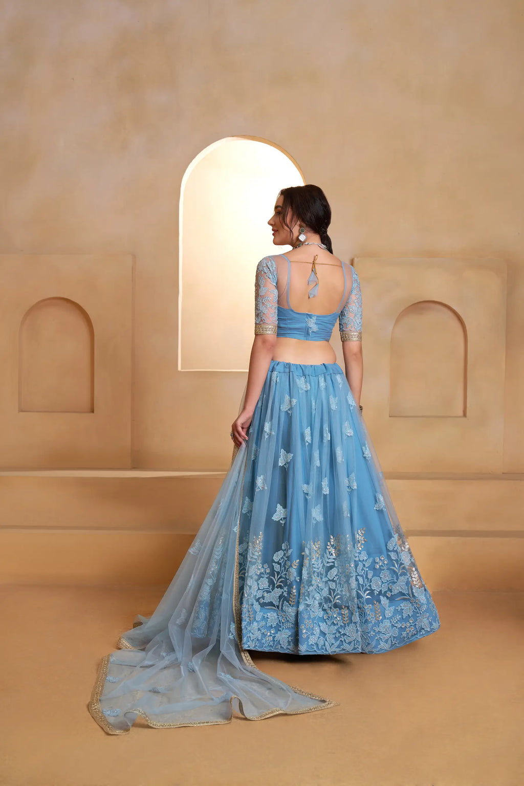 Blue Beads Sequins Embroidered Net Lehenga Choli