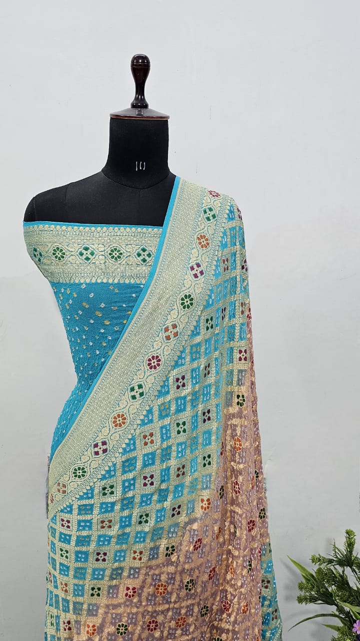 Turquoise Banarasi Handloom Gold Zari Bandhani Georgette Silk Saree