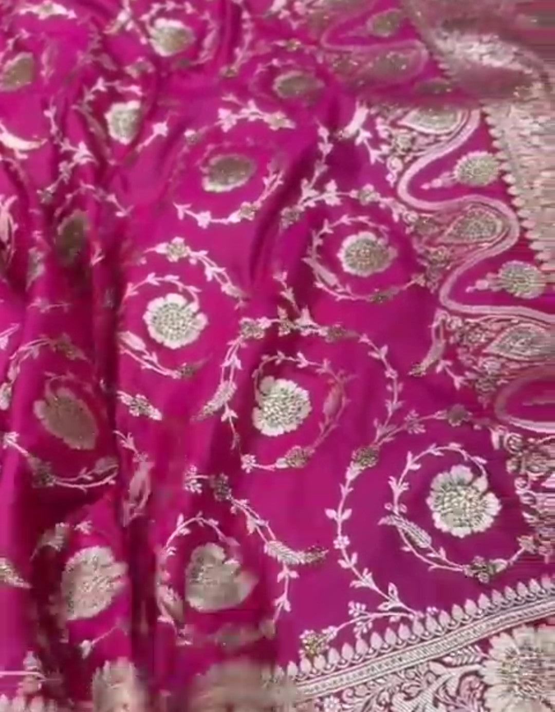 Hot Pink Banarasi Satin Katan Silk Swarovski Jangla Saree