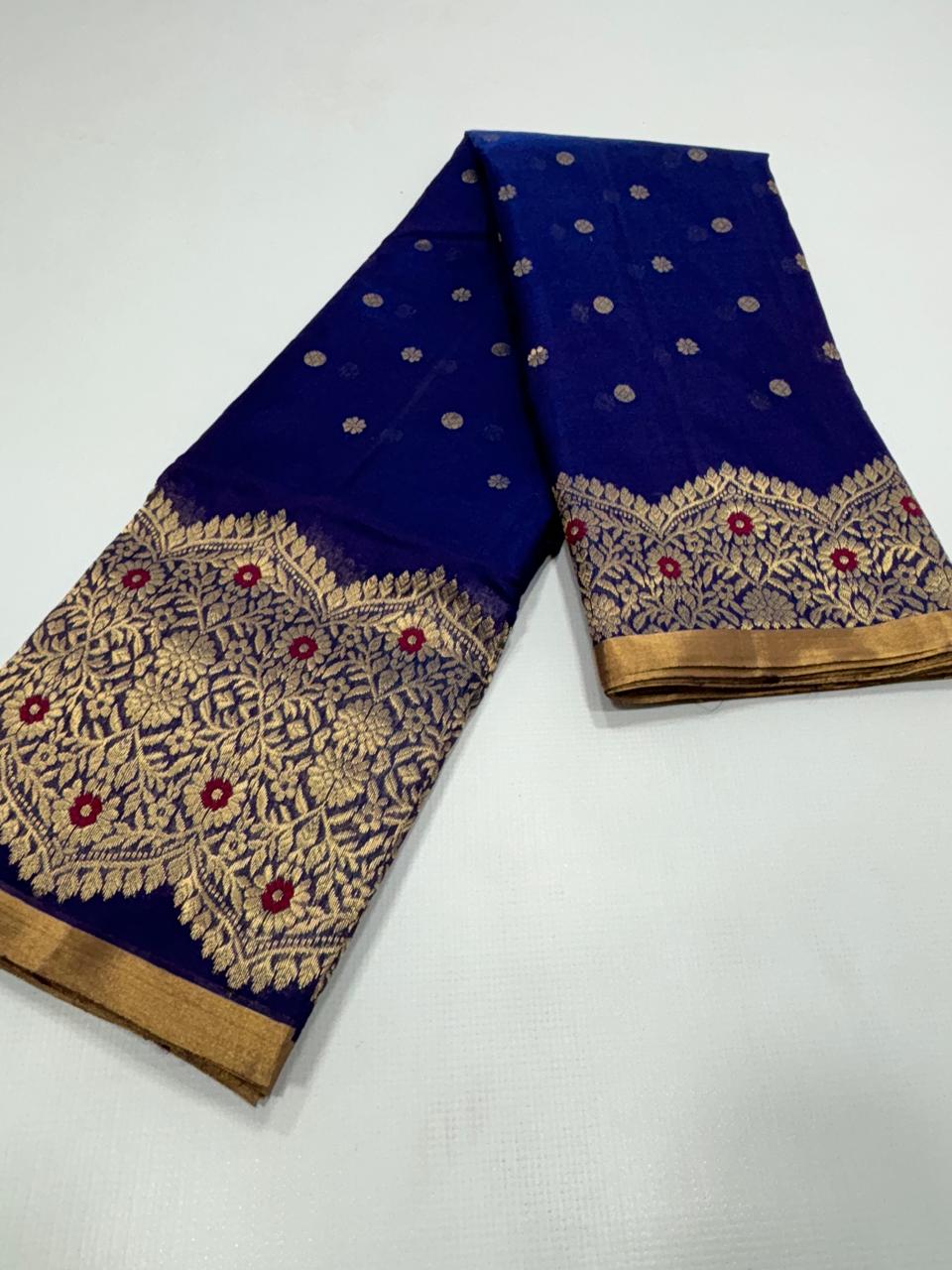 Royal Blue Chanderi Handloom Pattu Silk Handwork Saree