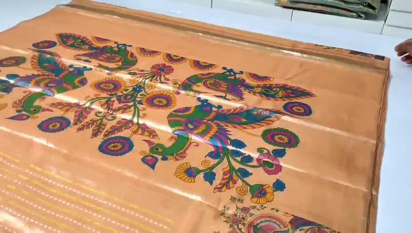 Peach Kanchipuram Handloom Kalamkari Tissue Silk Saree