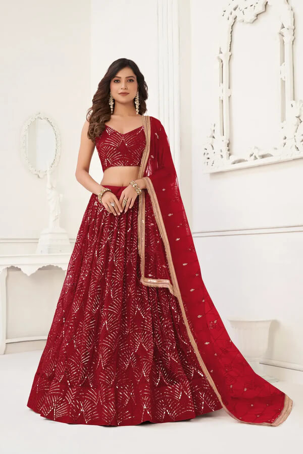 Graceful Maroon Net Lehenga with Sequins