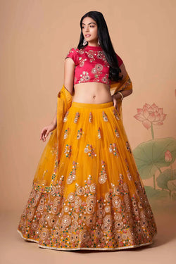 Yellow Net Lehenga with Zari, Sequins & Mirror Work