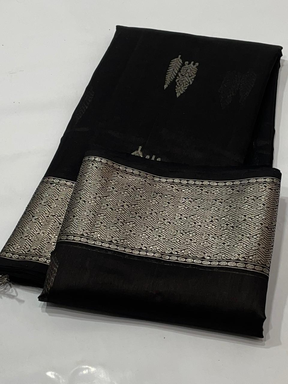 Black Chanderi Handloom Pattu Silk Saree