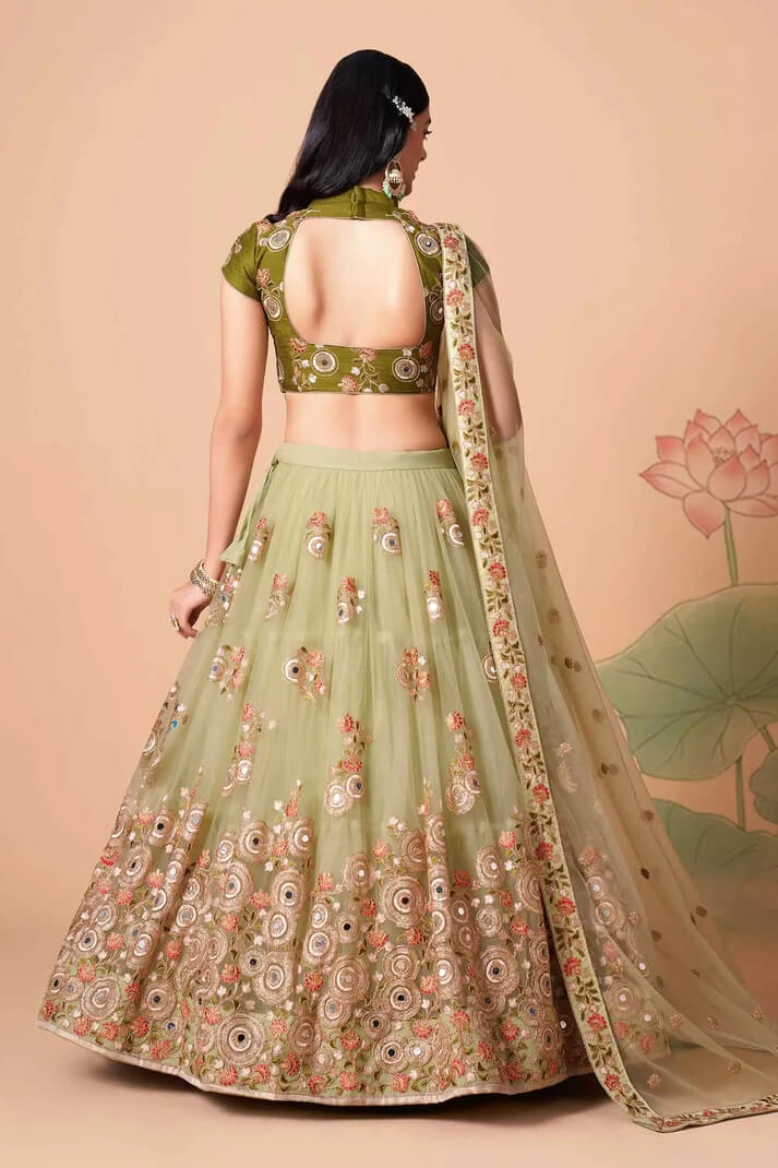 Pista Green Net Lehenga with Zari, Sequins & Mirror Work