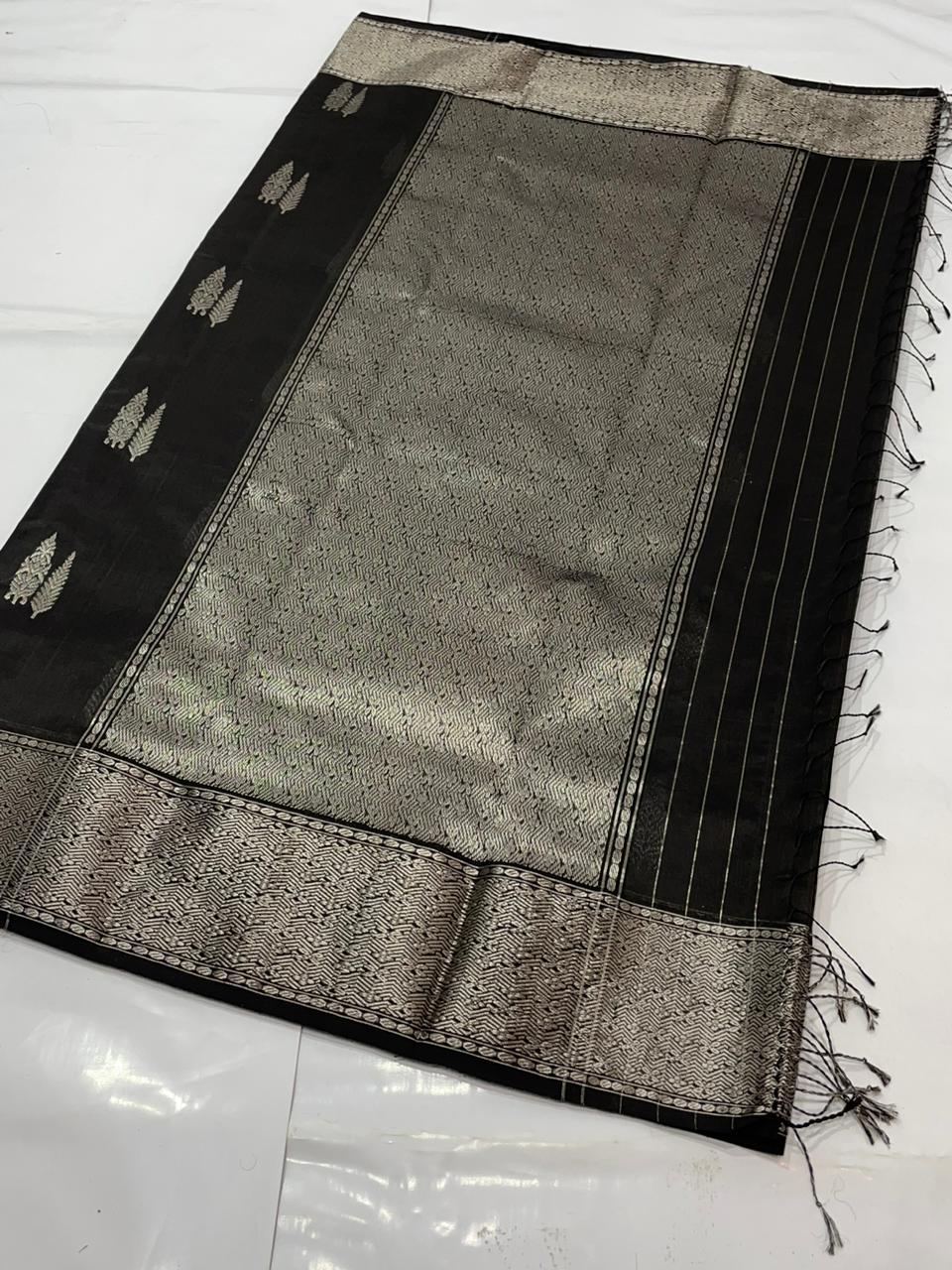 Black Chanderi Handloom Pattu Silk Saree