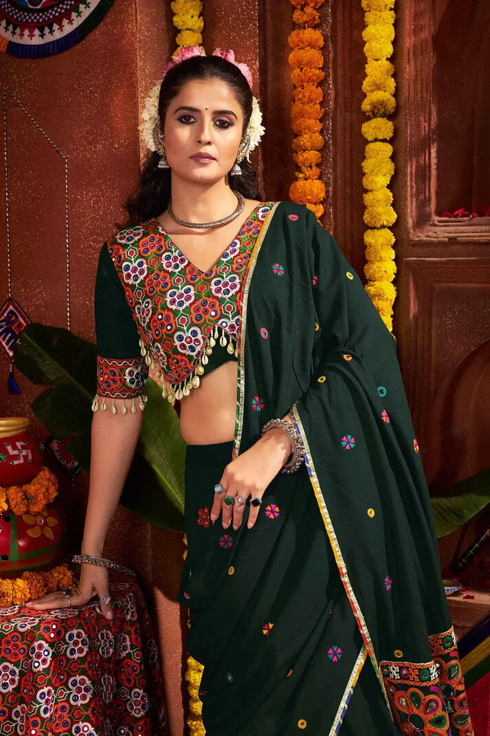 Designer Green Mirror & Thread Work Navratri Lehenga