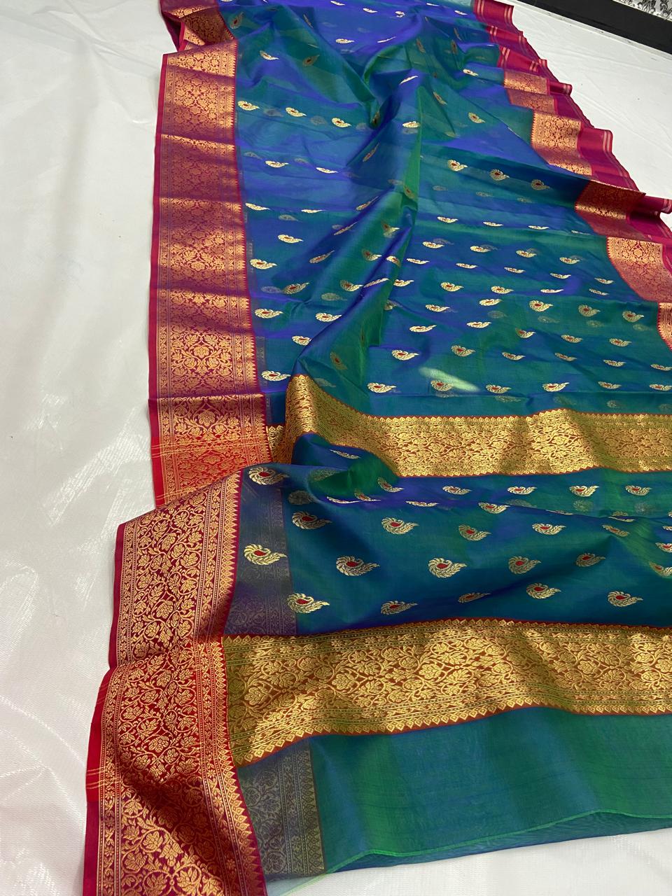 Peacock Green Chanderi Handloom Katan Silk Meenakari Saree