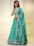 Sky Blue Printed Lehenga With Sequins & Zari