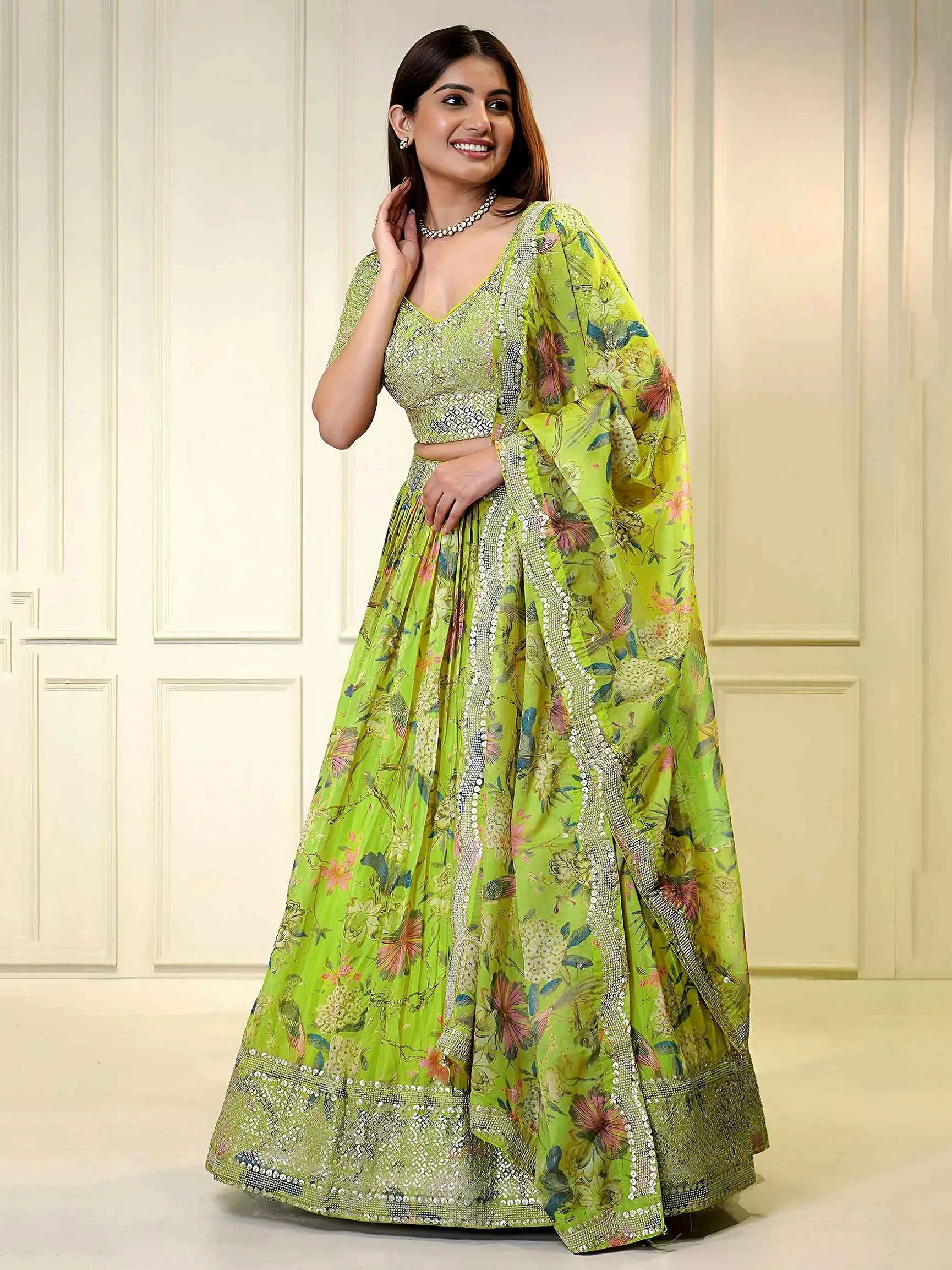 Neon Printed Organza Lehenga With Sequins & Zari