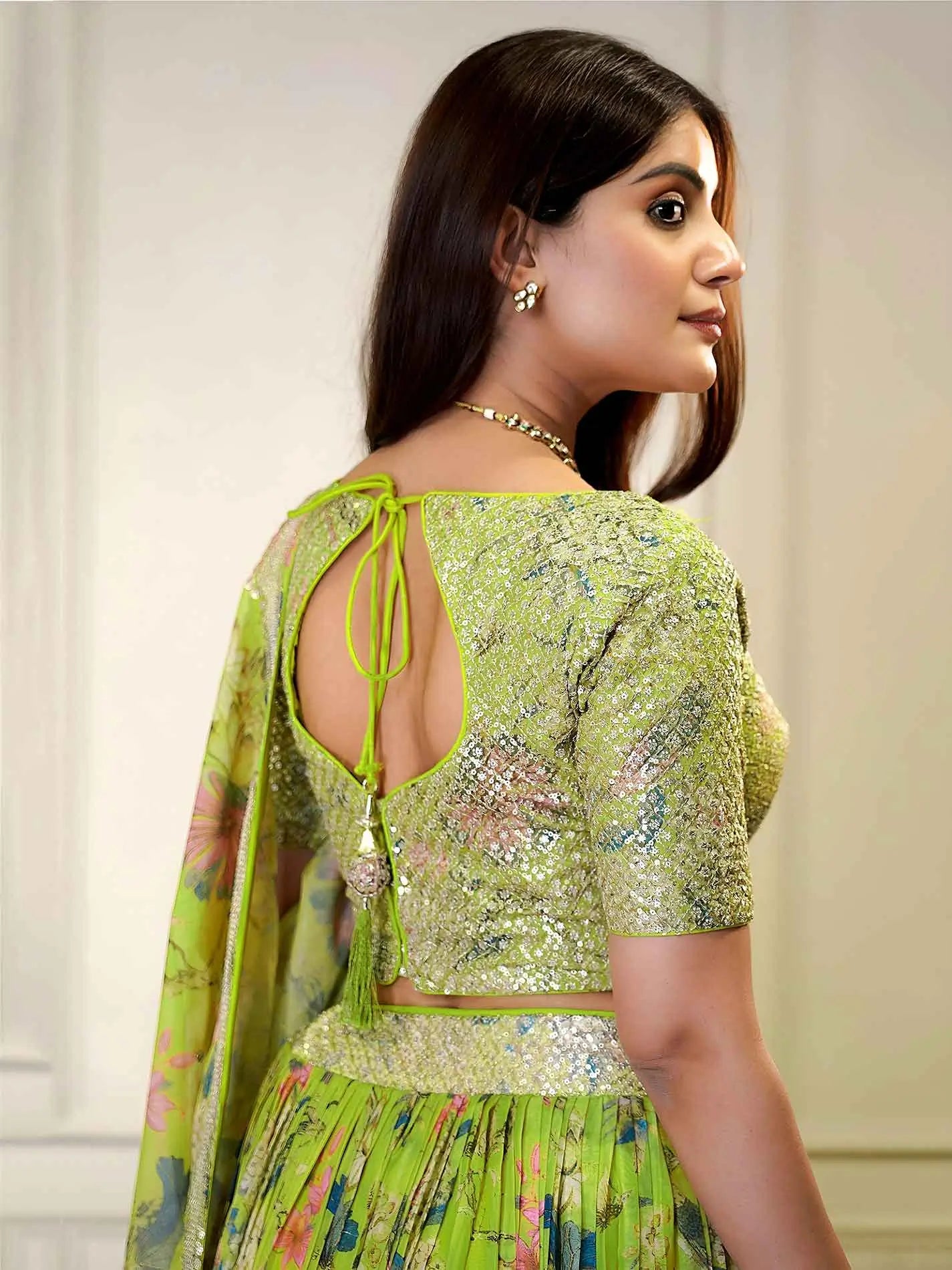 Neon Printed Organza Lehenga With Sequins & Zari