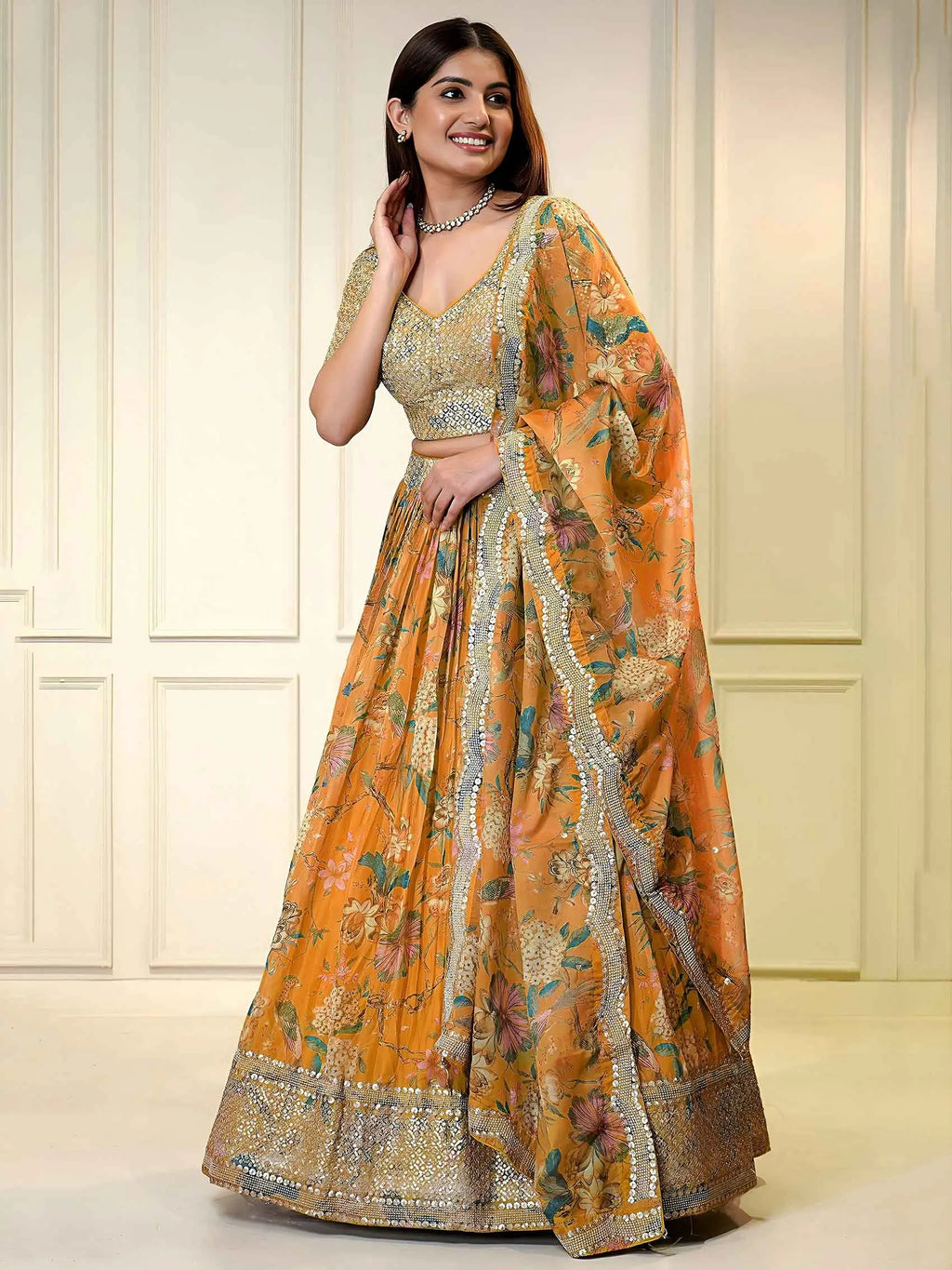 Rust Orange Sequins & Zari Printed Lehenga
