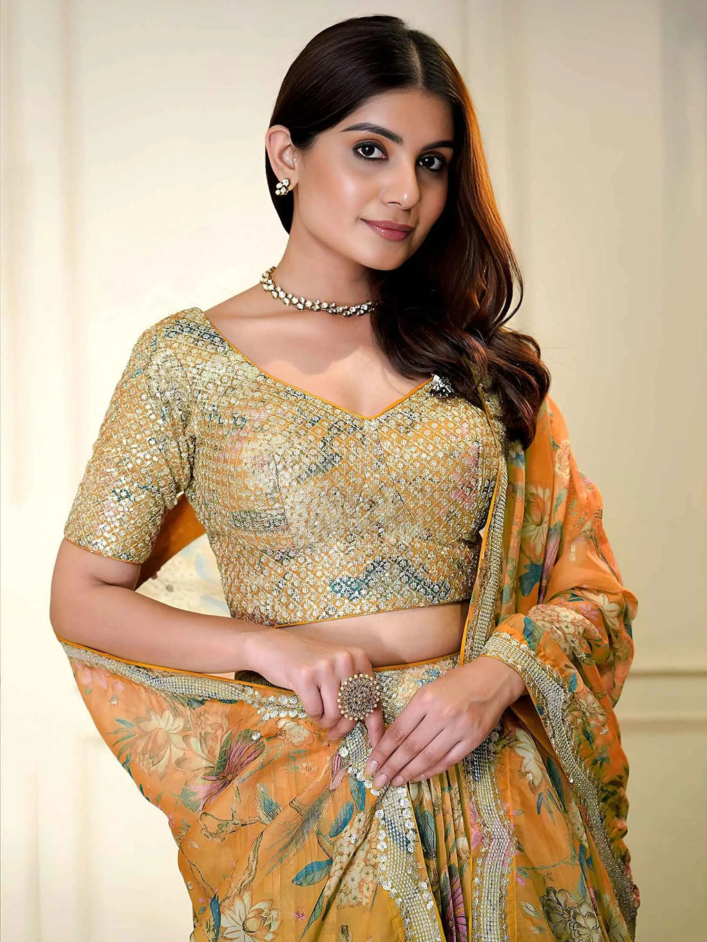 Rust Orange Sequins & Zari Printed Lehenga