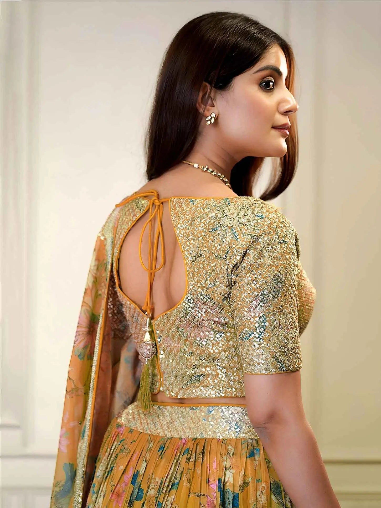 Rust Orange Sequins & Zari Printed Lehenga