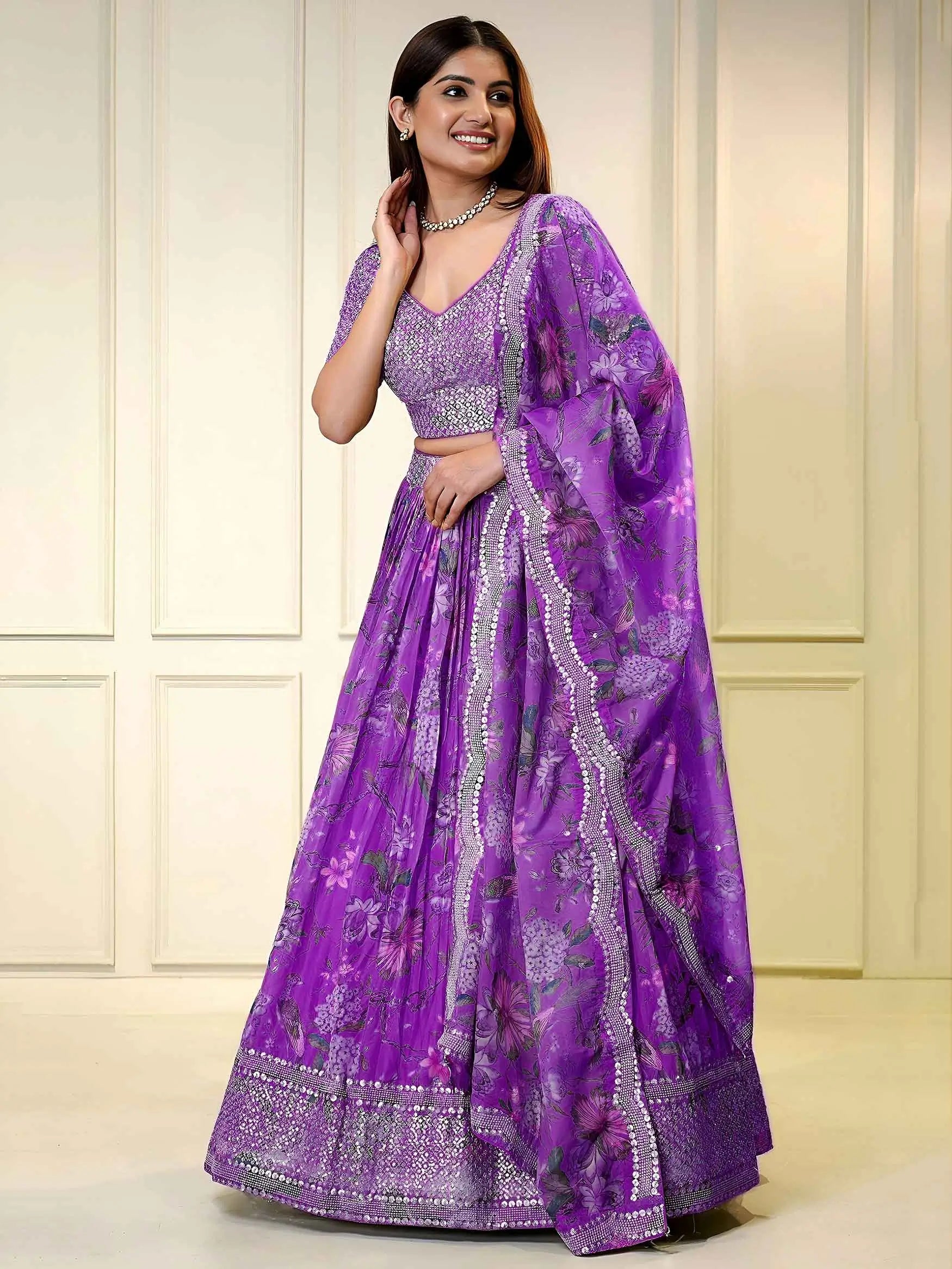 Purple Sequins Work Printed Lehenga Choli