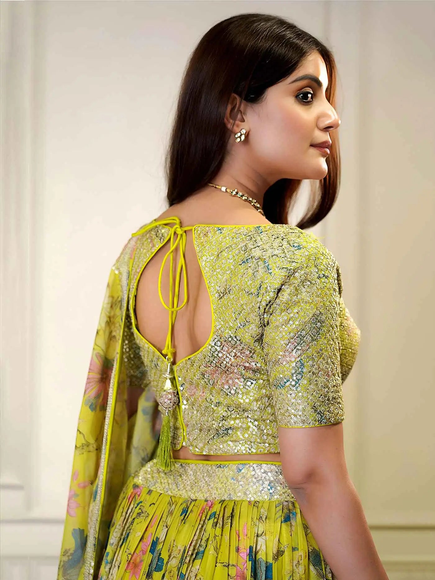 Yellow Sequins & Zari Printed Lehenga Choli