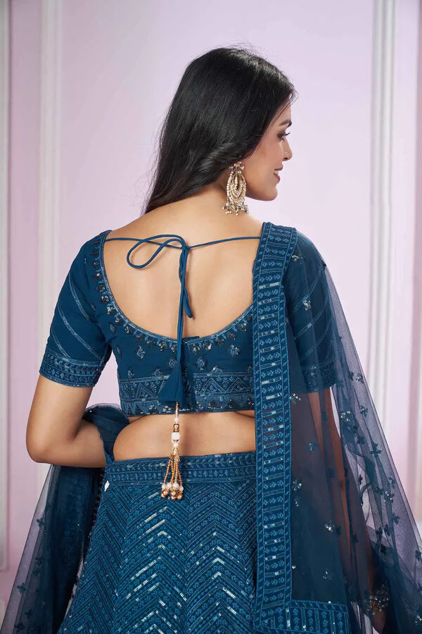 Blue Georgette Lehenga with Sequins & Thread Embroidery