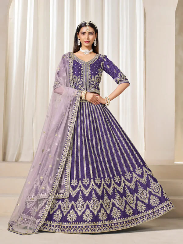 Purple Art Silk Lehenga with Thread & Sequins Work
