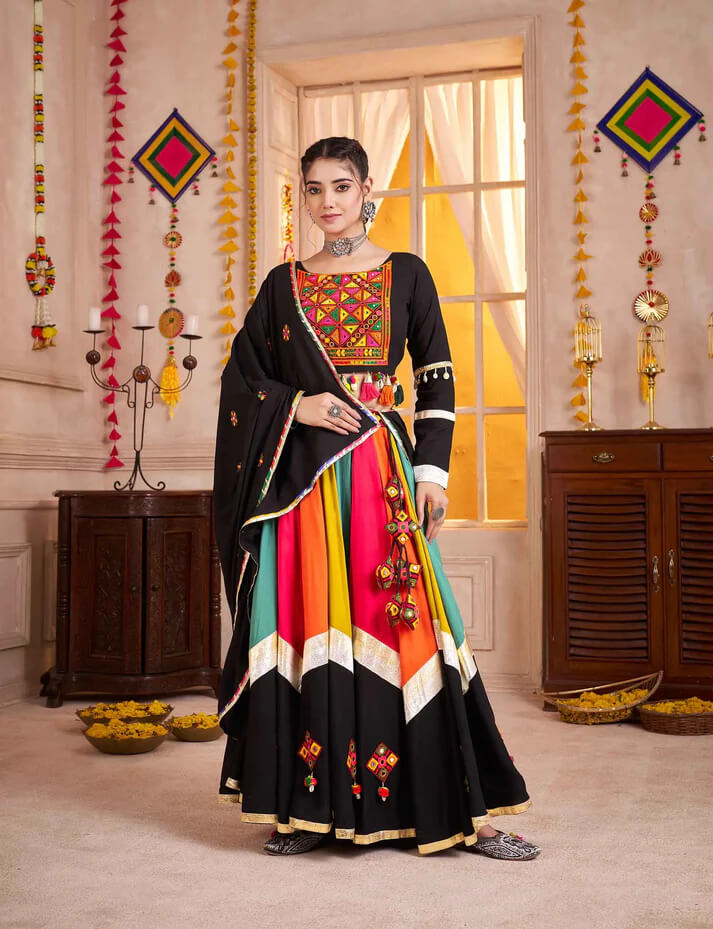 Black Multi Color Mirror & Thread Work Navratri Lehenga