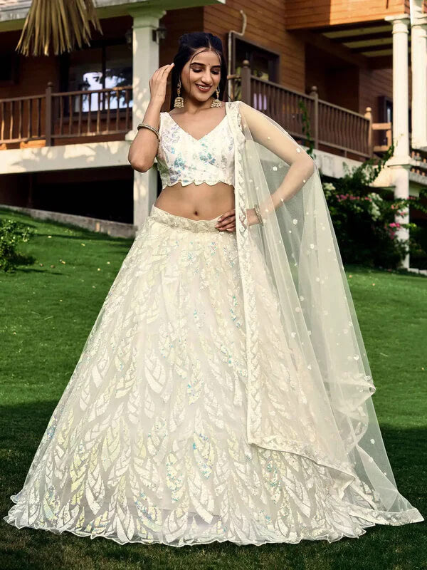 White Soft Net Lehenga with Sequins & Thread Work