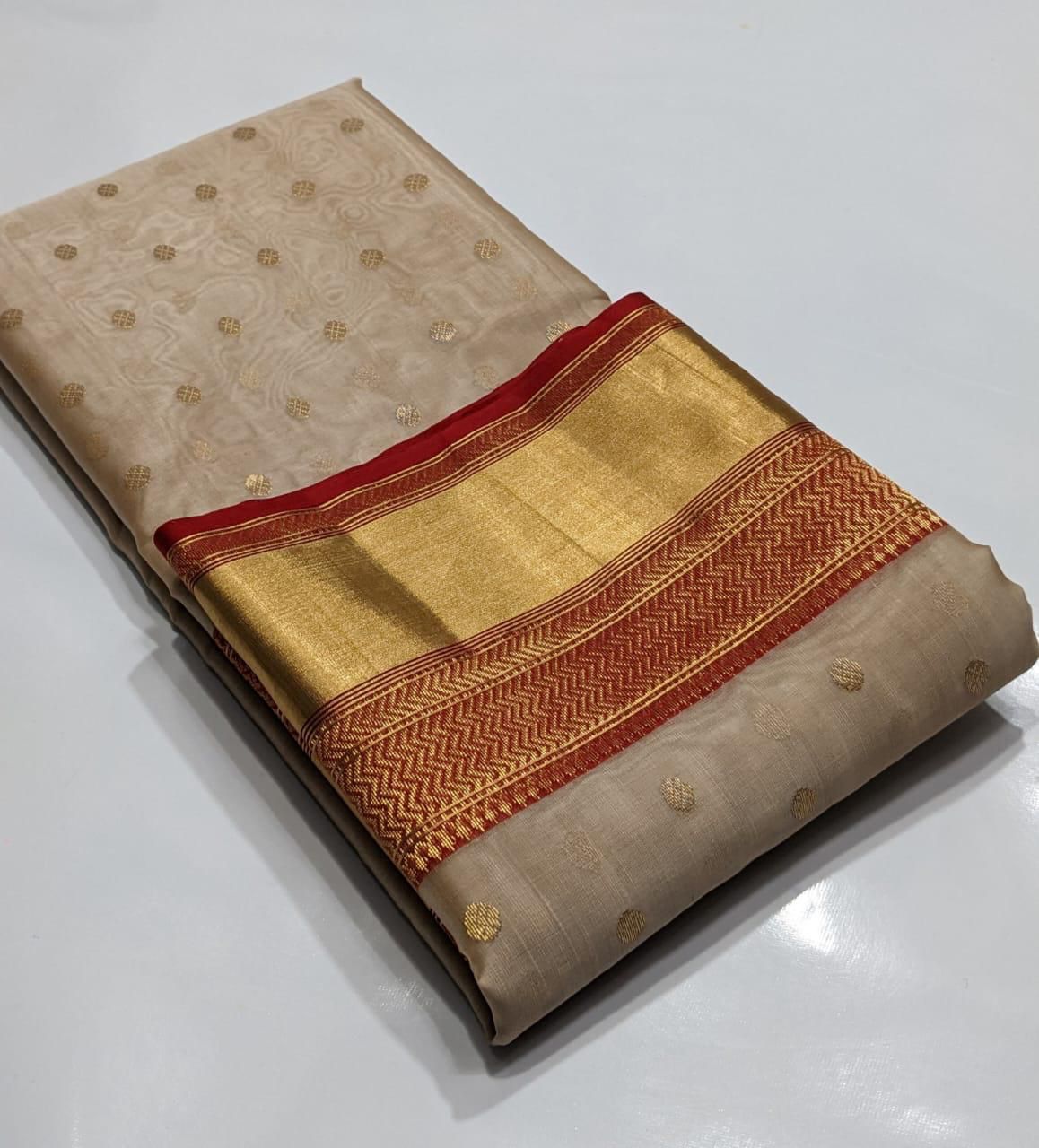Beige Chanderi Handloom Katan Silk Handwork Saree