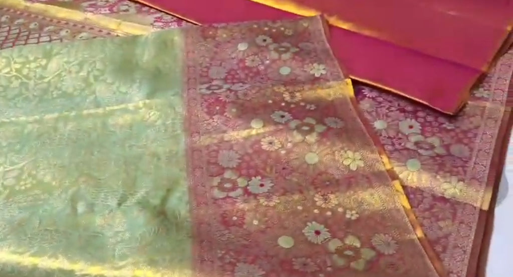Pastel Green Kanchipuram Handloom Tissue Brocade Silk Meenakari Saree