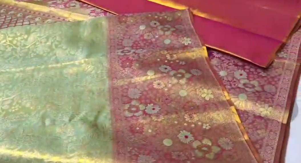 Pastel Green Kanchipuram Handloom Tissue Brocade Silk Meenakari Saree