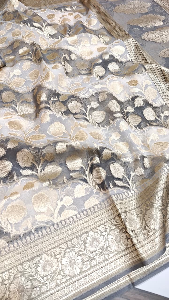 Grey Banarasi Handloom Rangkat Kora Tissue Silk Saree