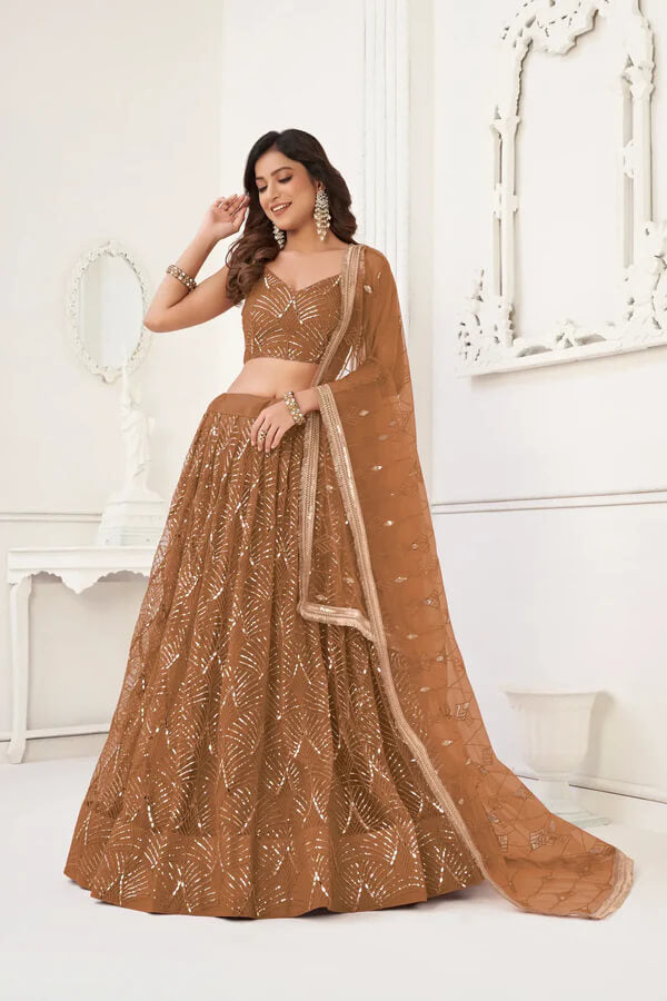Designer Brown Thread & Mirror Lehenga Choli