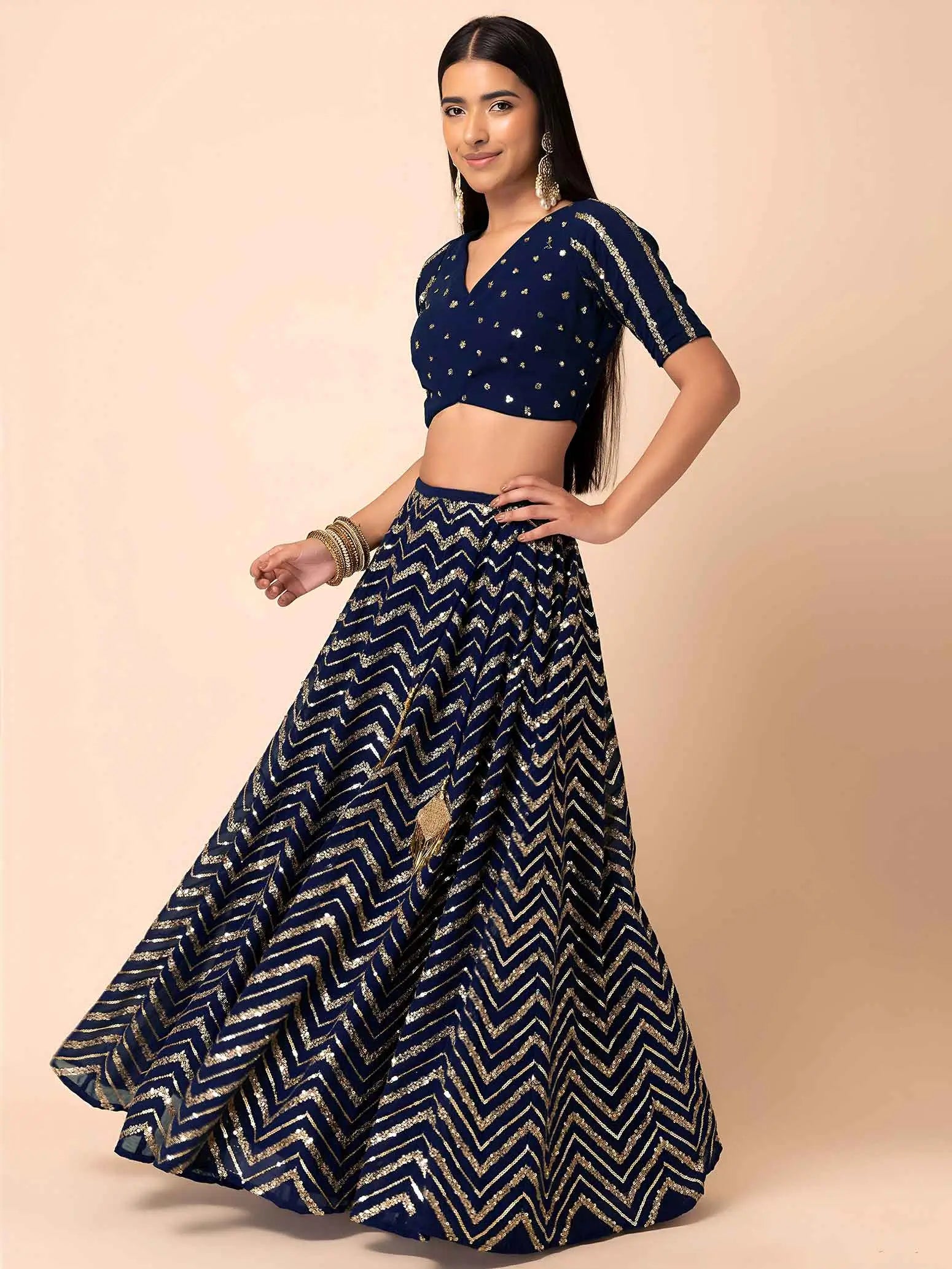Navy Blue Sequins Zari Work Georgette Lehenga