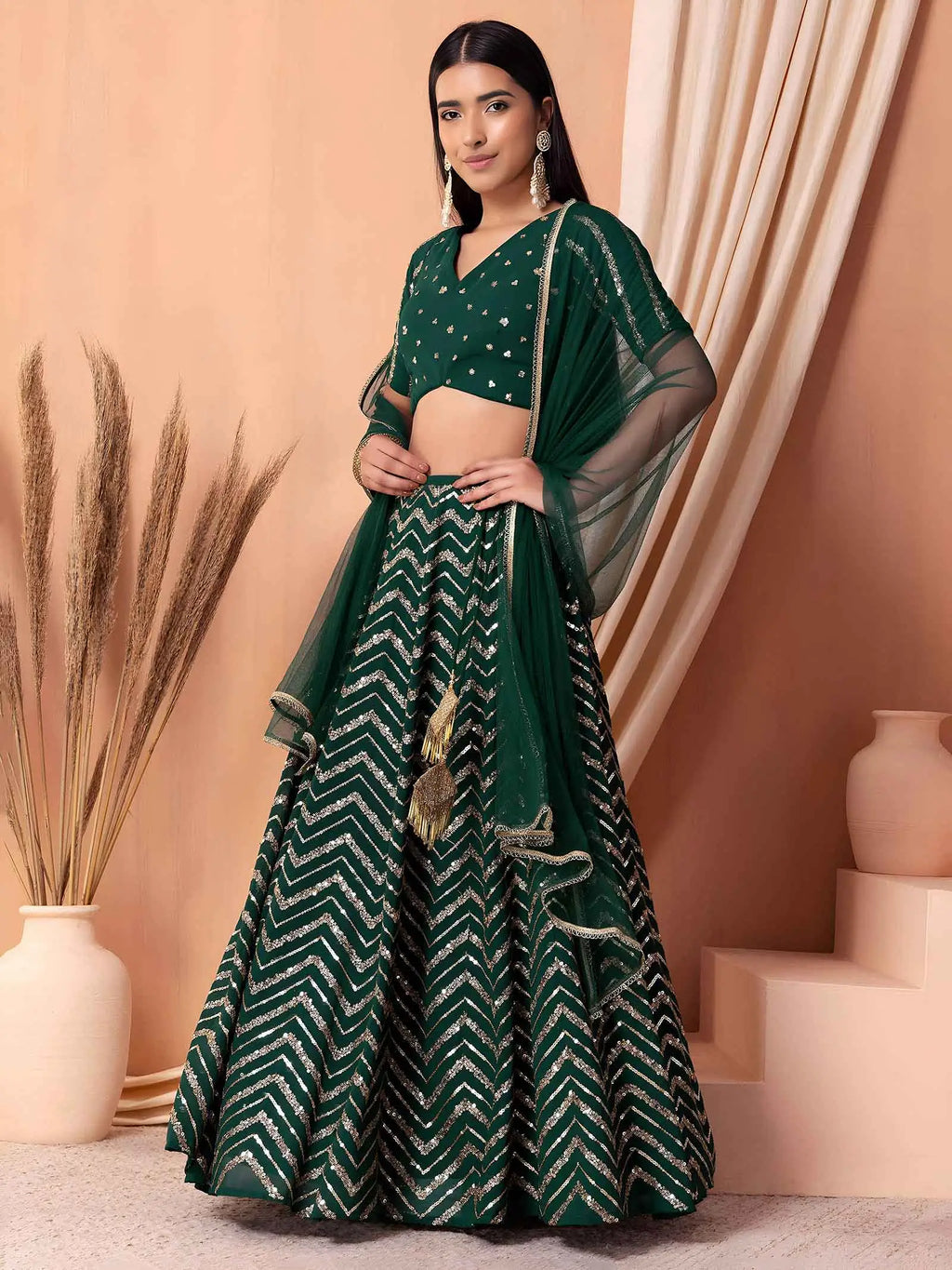 Dark Green Sequins Zari Work Georgette Lehenga