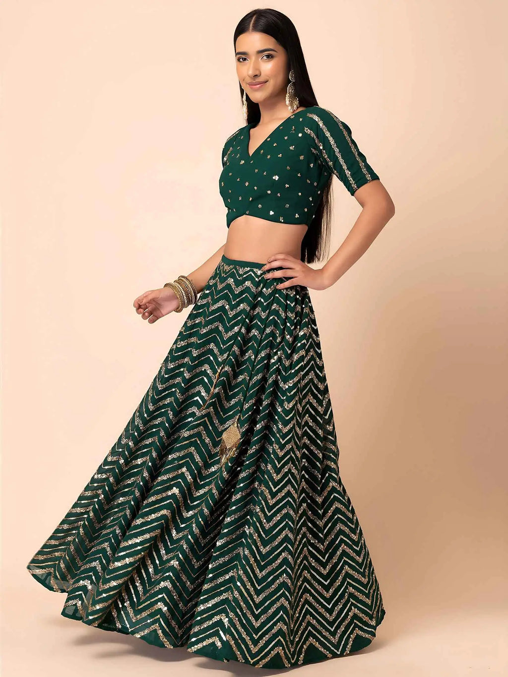 Dark Green Sequins Zari Work Georgette Lehenga