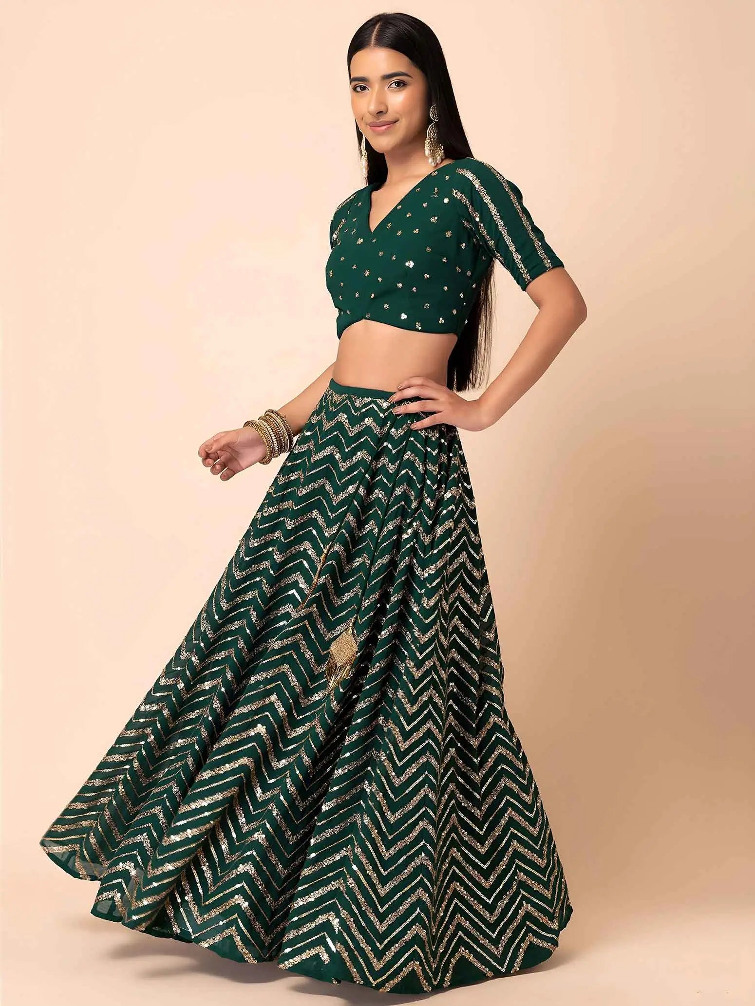 Dark Green Sequins Zari Work Georgette Lehenga