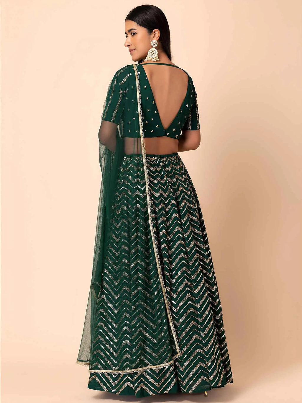 Dark Green Sequins Zari Work Georgette Lehenga