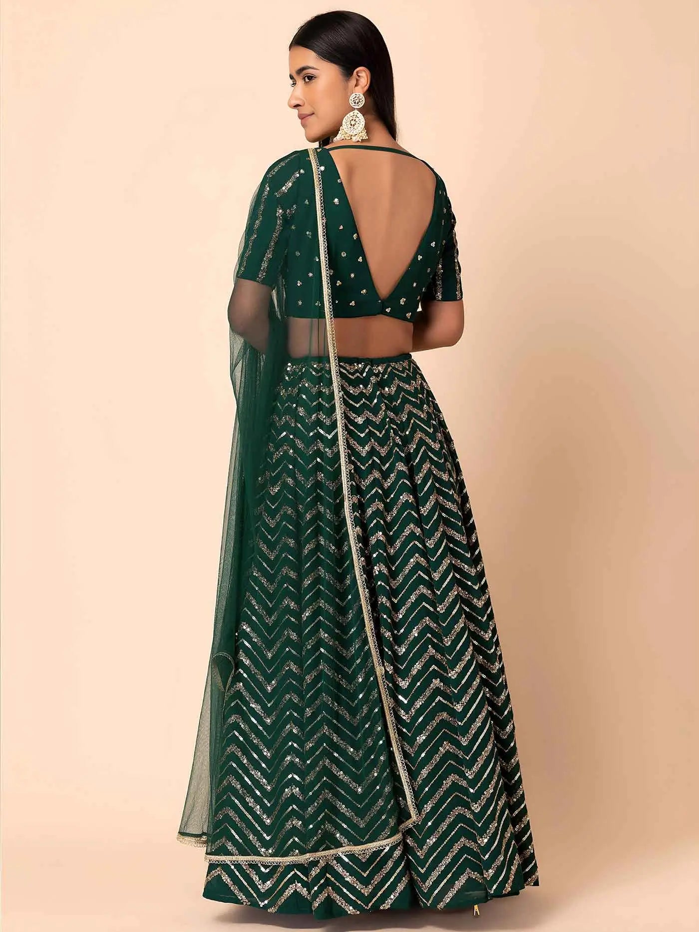 Dark Green Sequins Zari Work Georgette Lehenga
