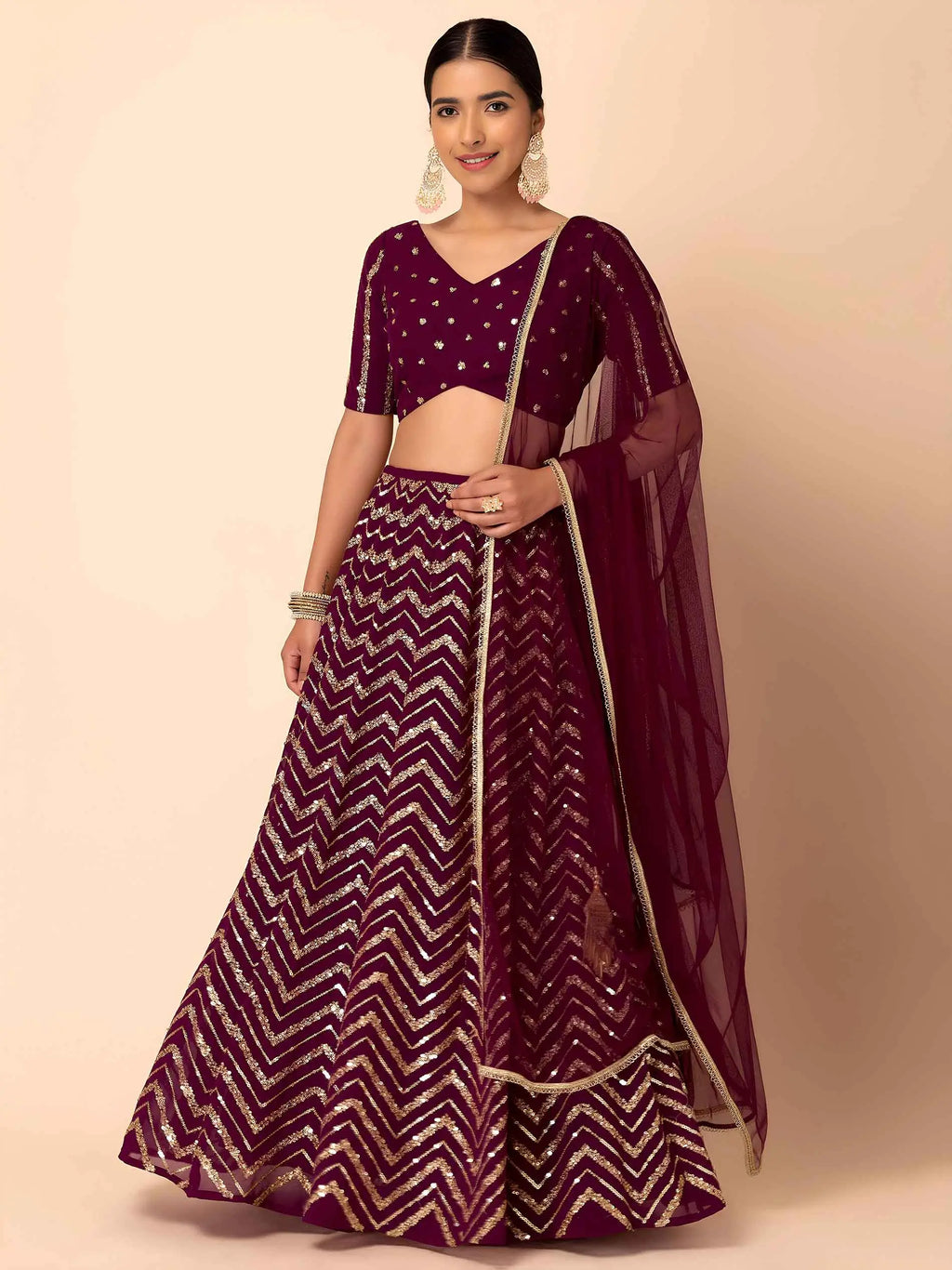 Maroon Sequins Zari Work Georgette Lehenga