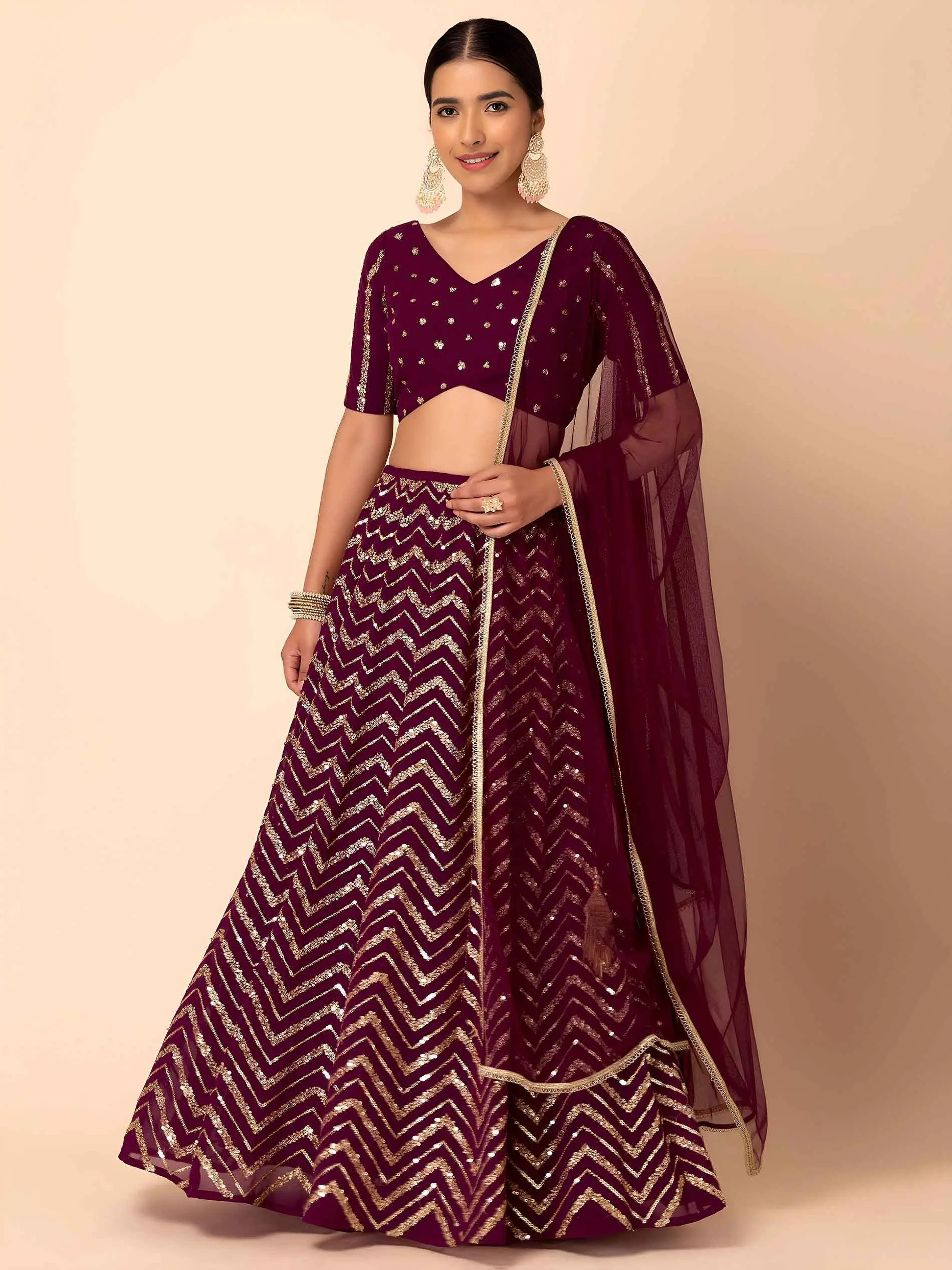 Maroon Sequins Zari Work Georgette Lehenga