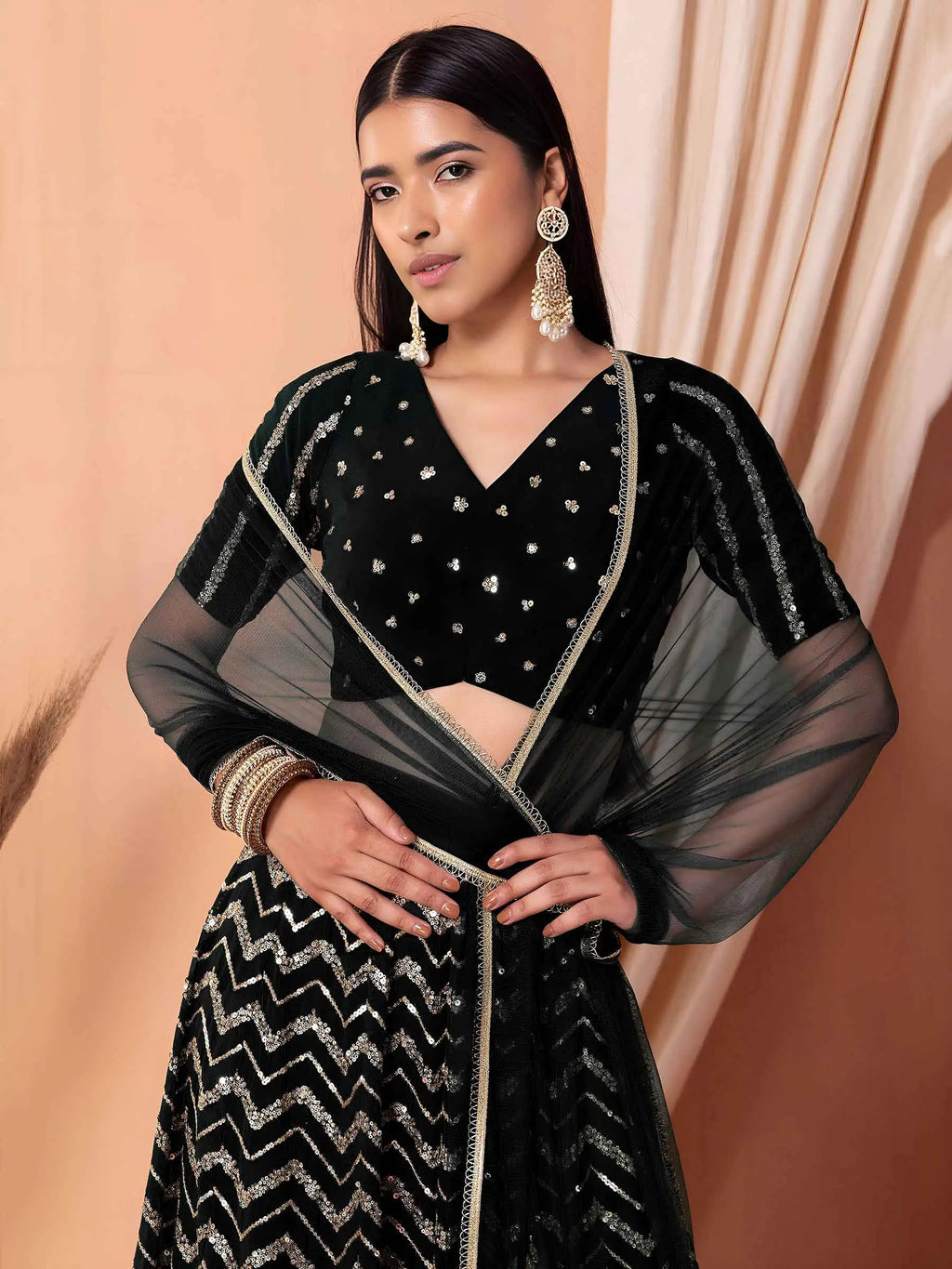 Black Sequins Zari Work Georgette Lehenga