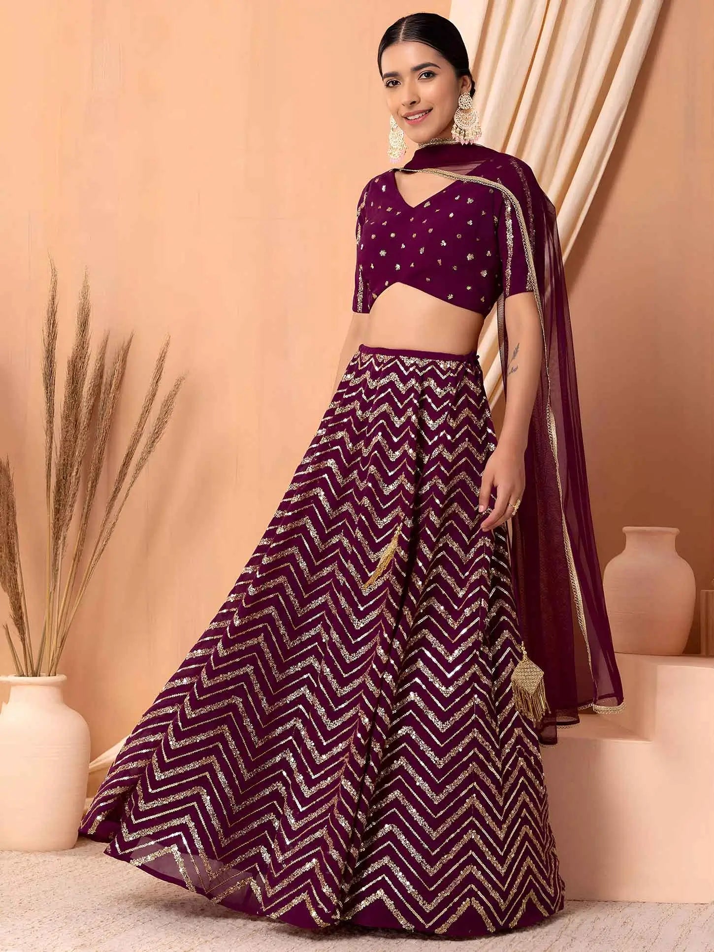 Maroon Sequins Zari Work Georgette Lehenga