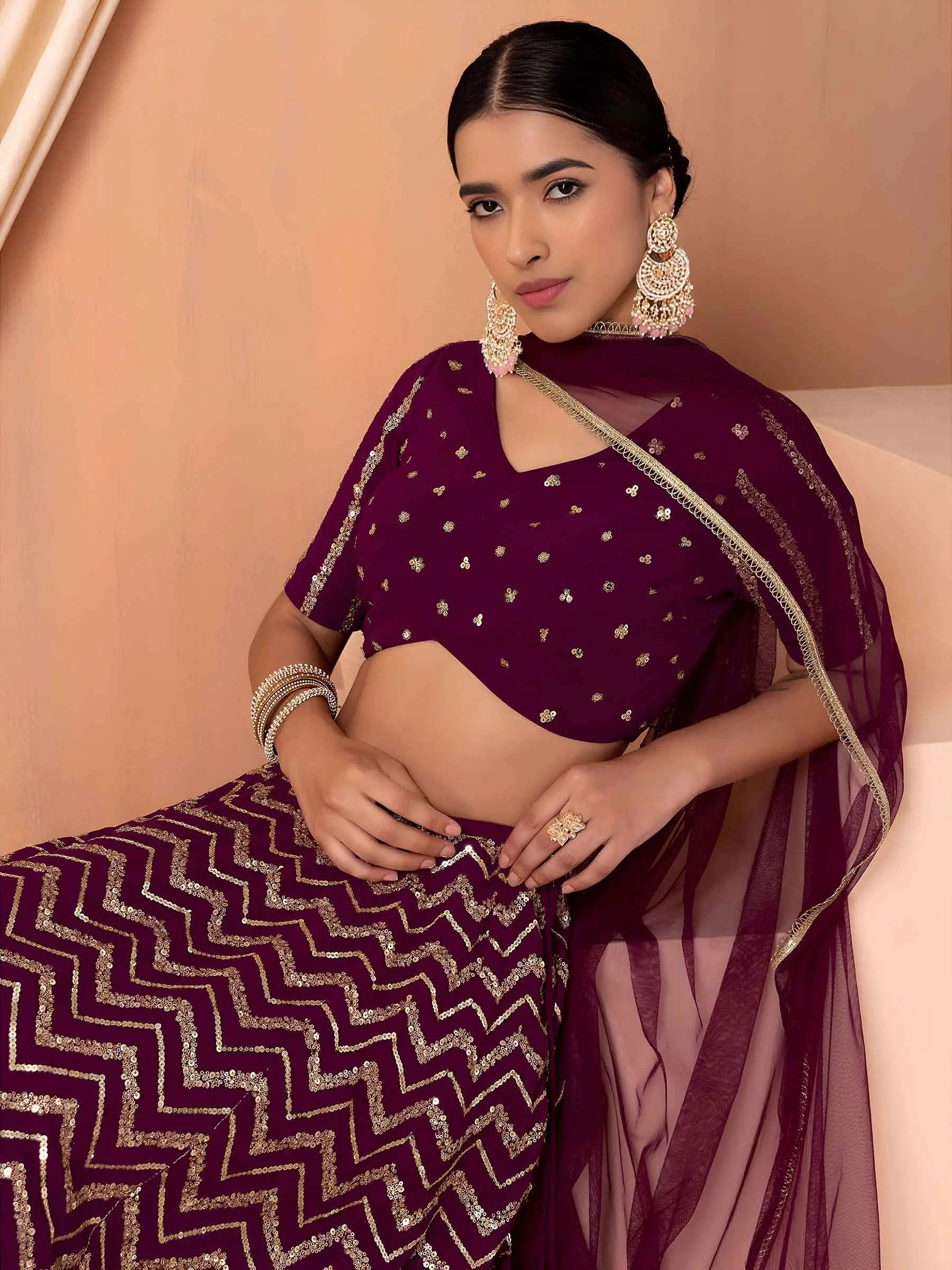 Maroon Sequins Zari Work Georgette Lehenga
