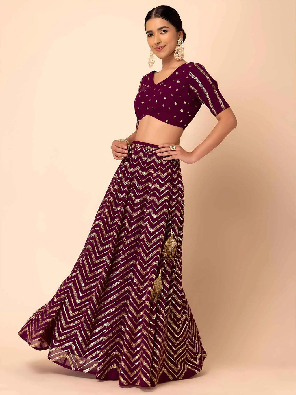 Maroon Sequins Zari Work Georgette Lehenga