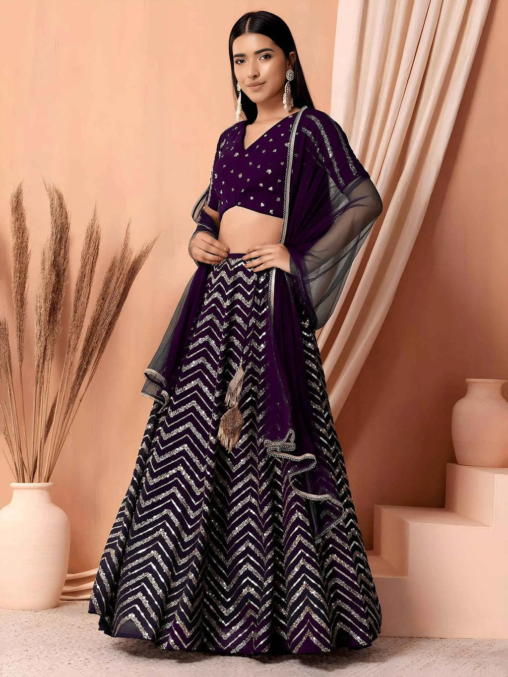 Dark Purple Sequins Zari Work Georgette Lehenga
