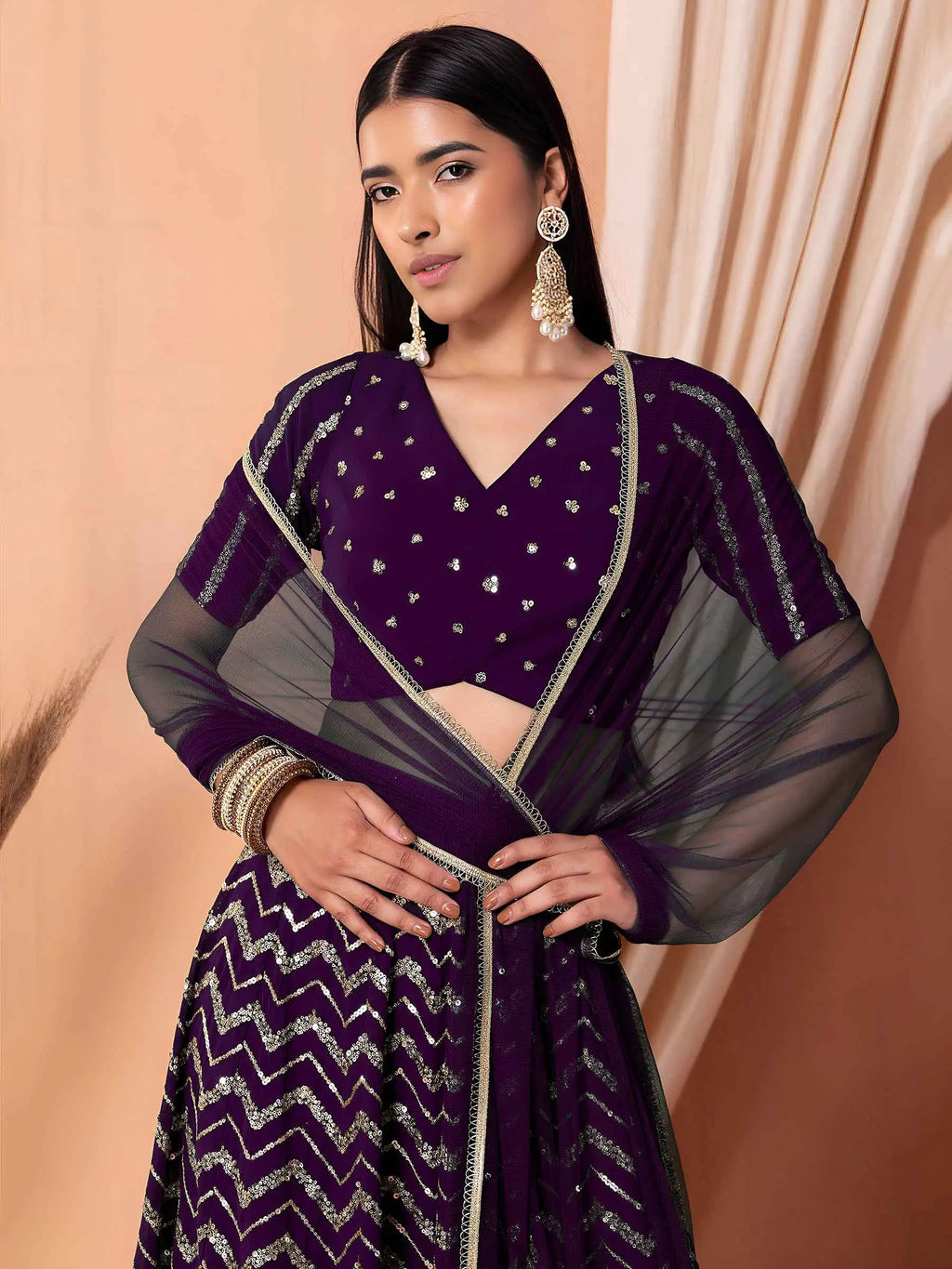 Dark Purple Sequins Zari Work Georgette Lehenga