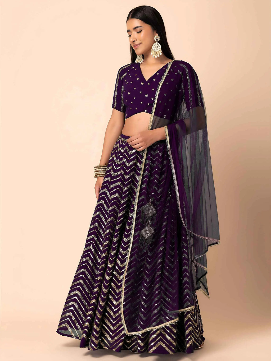 Dark Purple Sequins Zari Work Georgette Lehenga