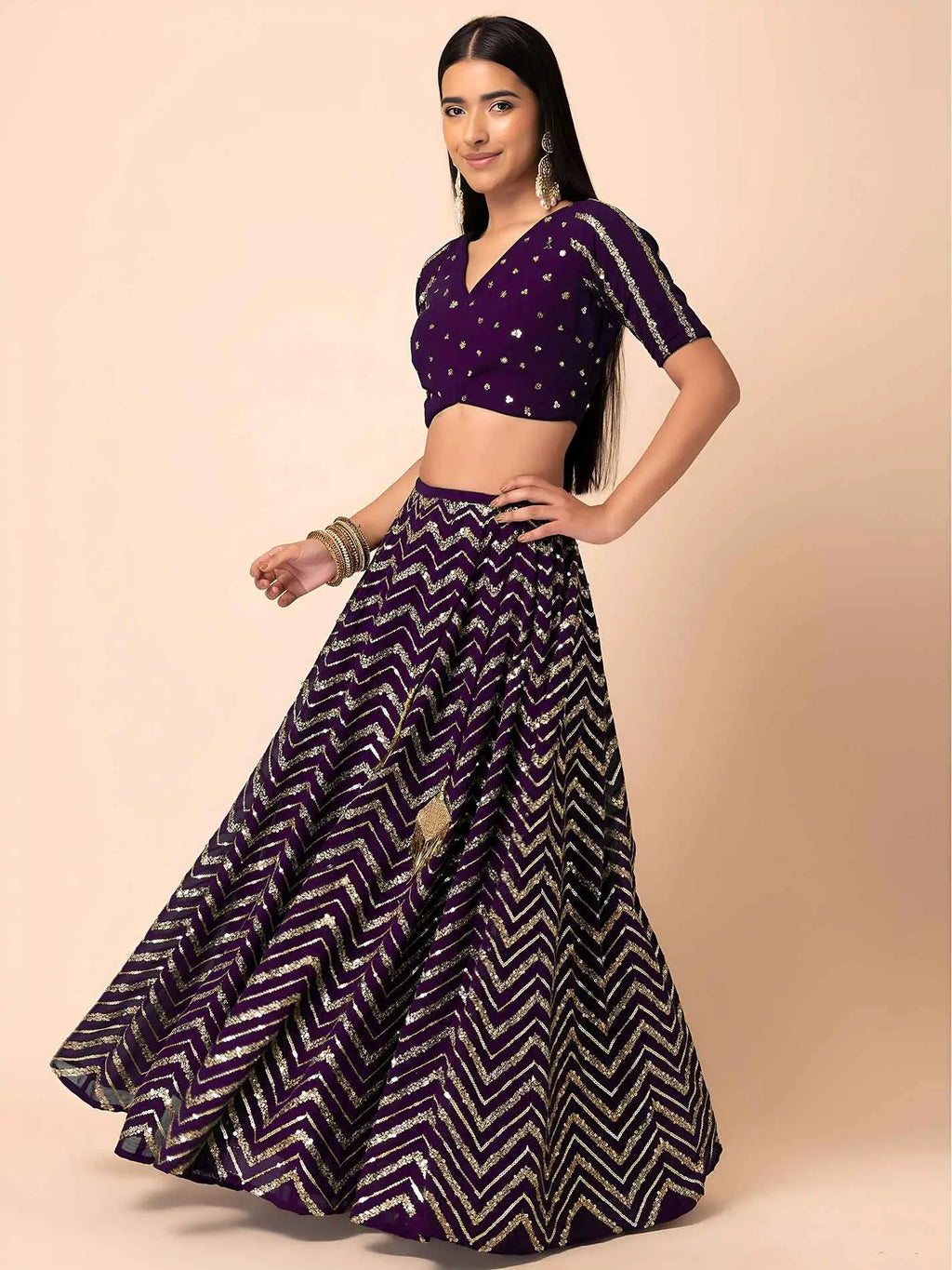 Dark Purple Sequins Zari Work Georgette Lehenga