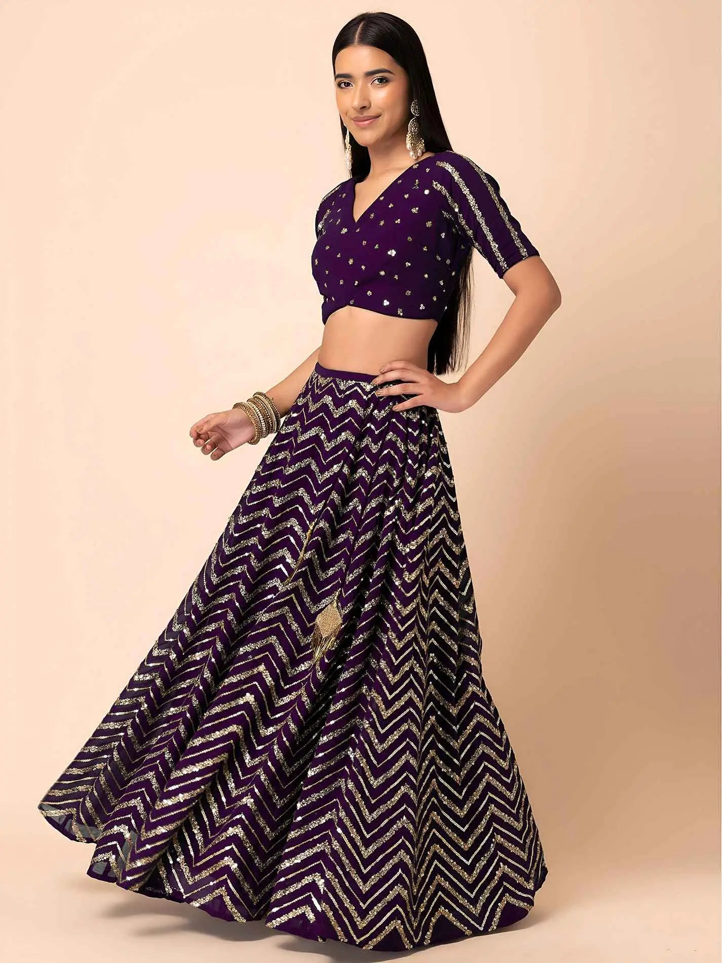 Dark Purple Sequins Zari Work Georgette Lehenga