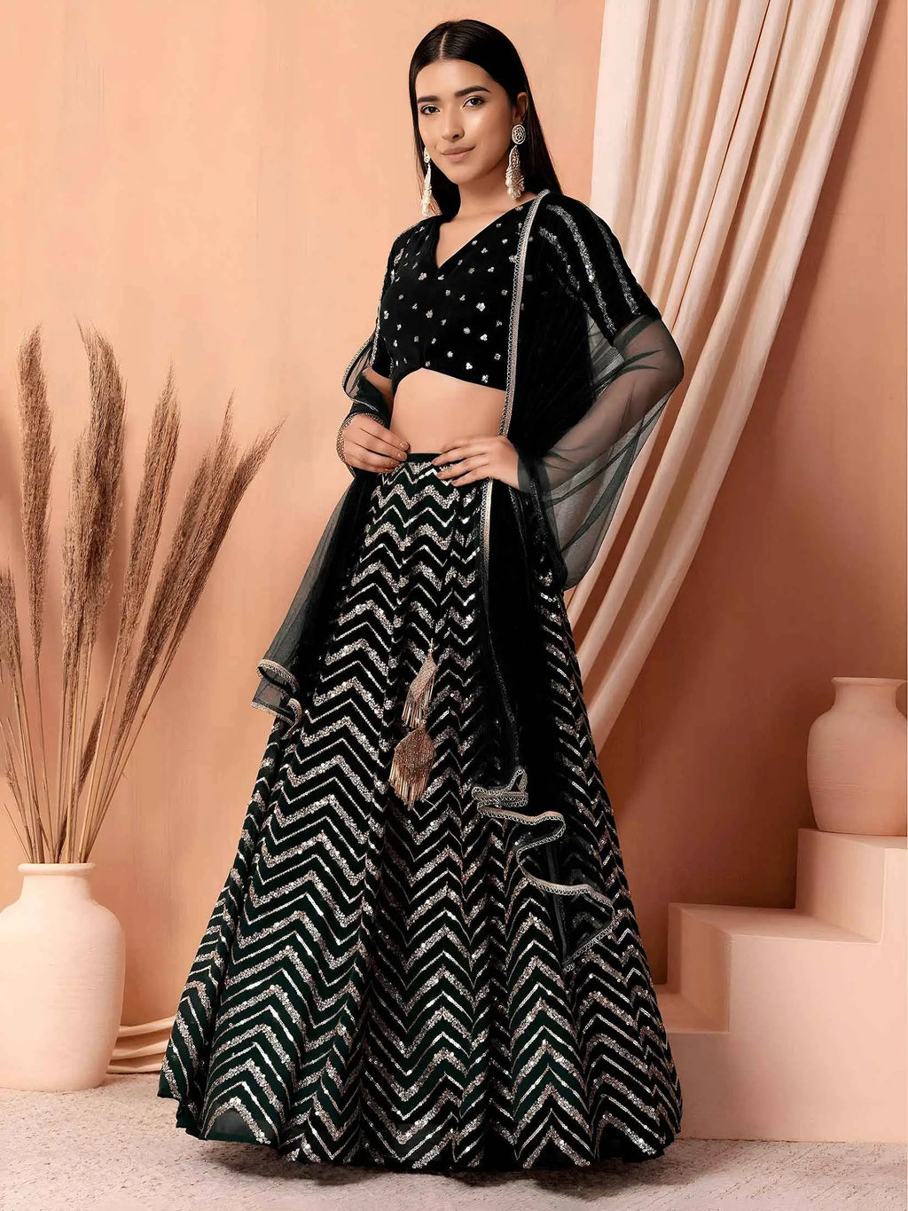 Black Sequins Zari Work Georgette Lehenga
